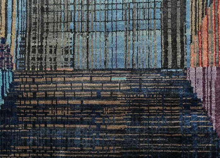 Handgeknüpfter, indischer Designerteppich aus Schurwolle und Bambusseide, mehrfarbig, Detailansicht