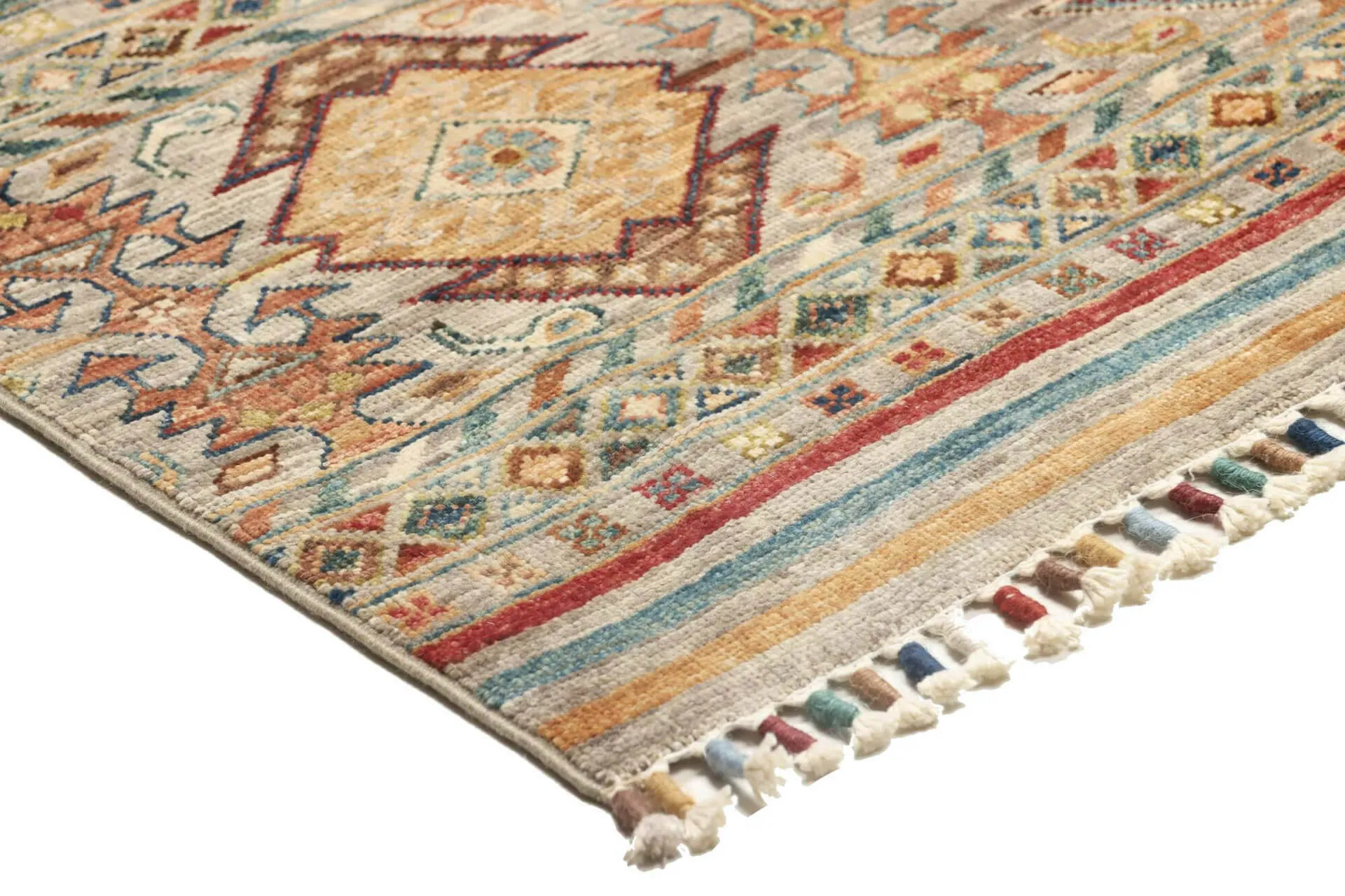 Afghanteppich Rubin Multi, handgeknüpftes Unikat, 098 x 156cm, mehrfarbig, Detailansicht