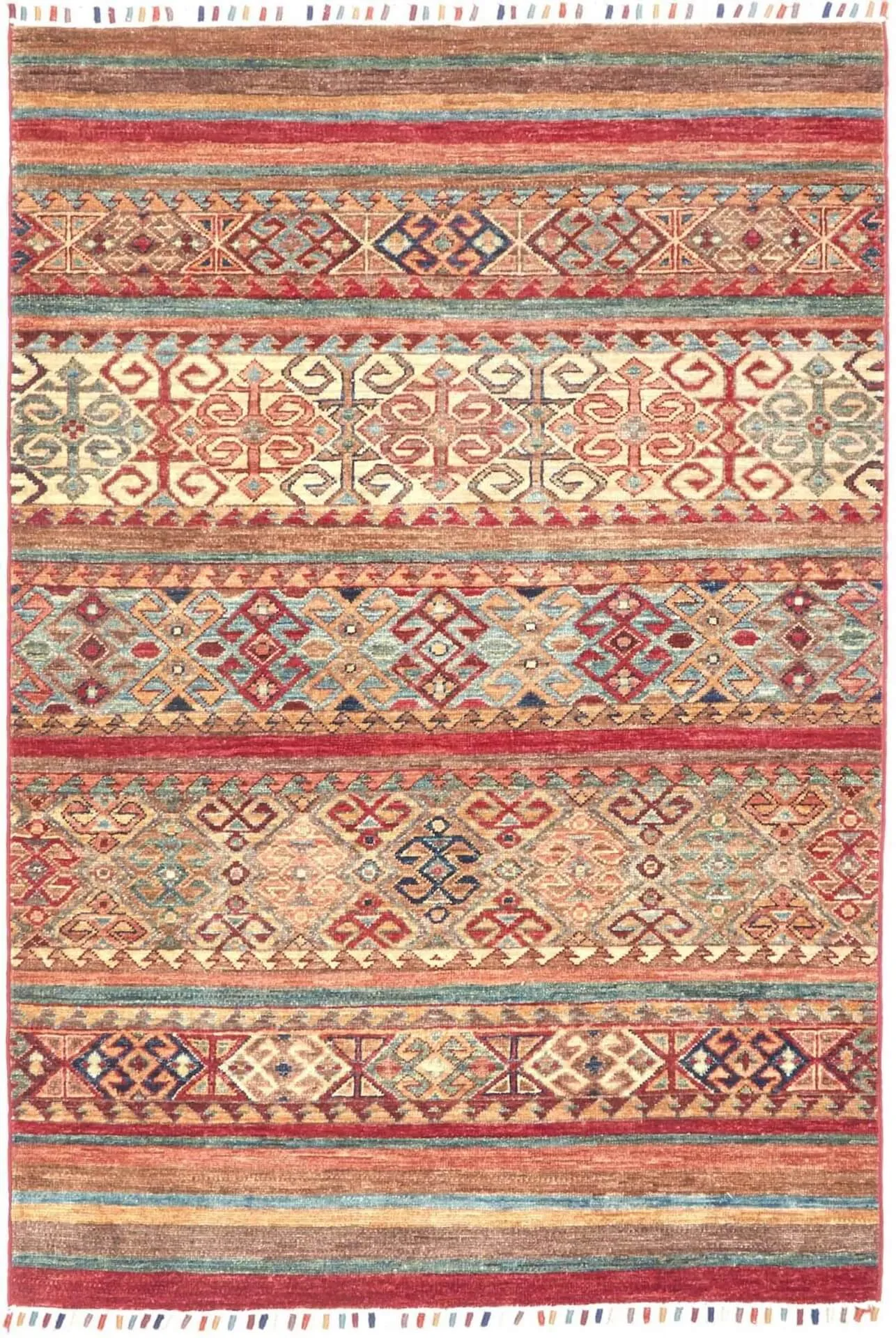 Afghanteppich Samarkand Striped, Schurwolle, handgeknüpft, 102 x 150 cm, mehrfarbig, Draufsicht