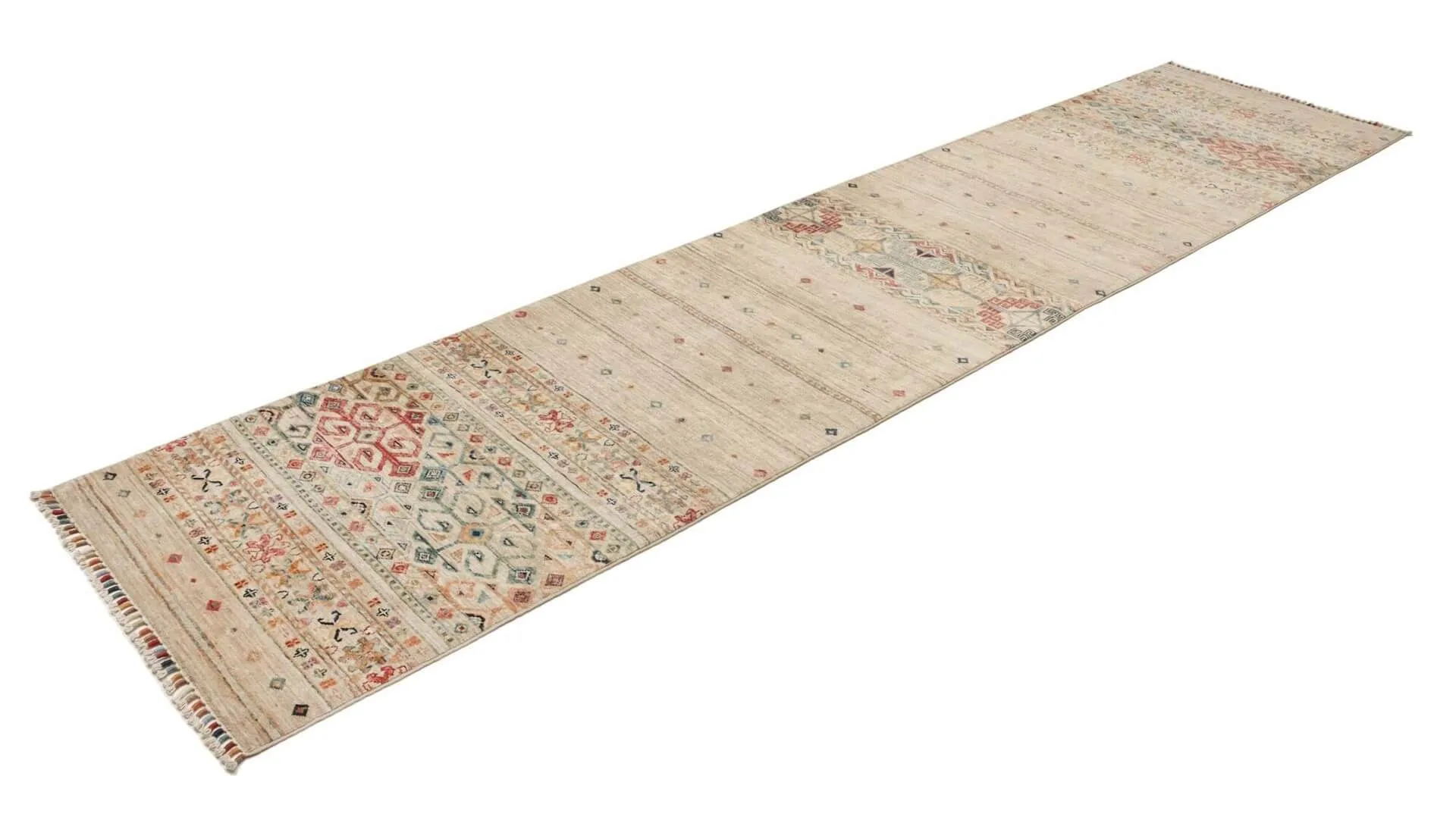 Afghanischer Läufer Rubin Natural, handgeknüpft, Schurwolle, 078 x 341 cm, mehrfarbig, Schrägansicht