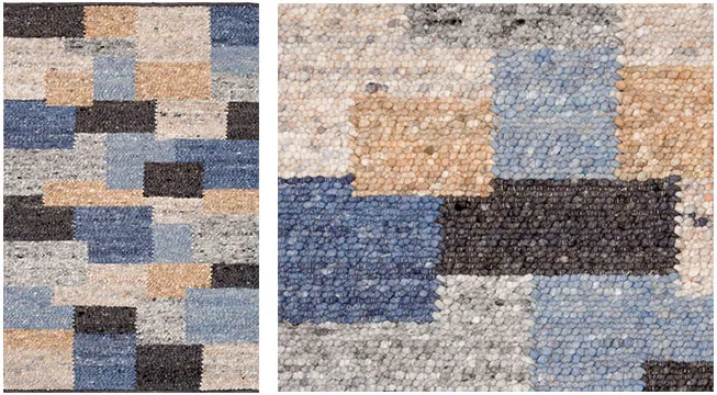 Handwebteppich Black Forest, Mehliskopf, Patchworkoptik blau, gewalkte Schurwolle Draufsicht und Detailansicht