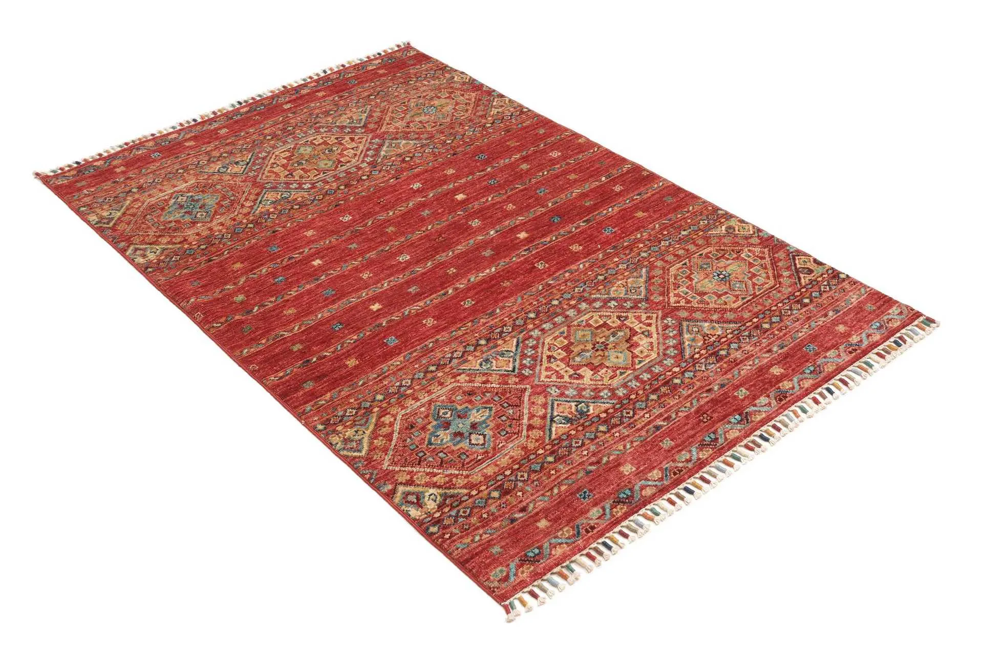 Afghan Teppich Rubin Red, handgeknüpftes Unikat, Schurwolle, 099 x 153 cm, Schrägansicht