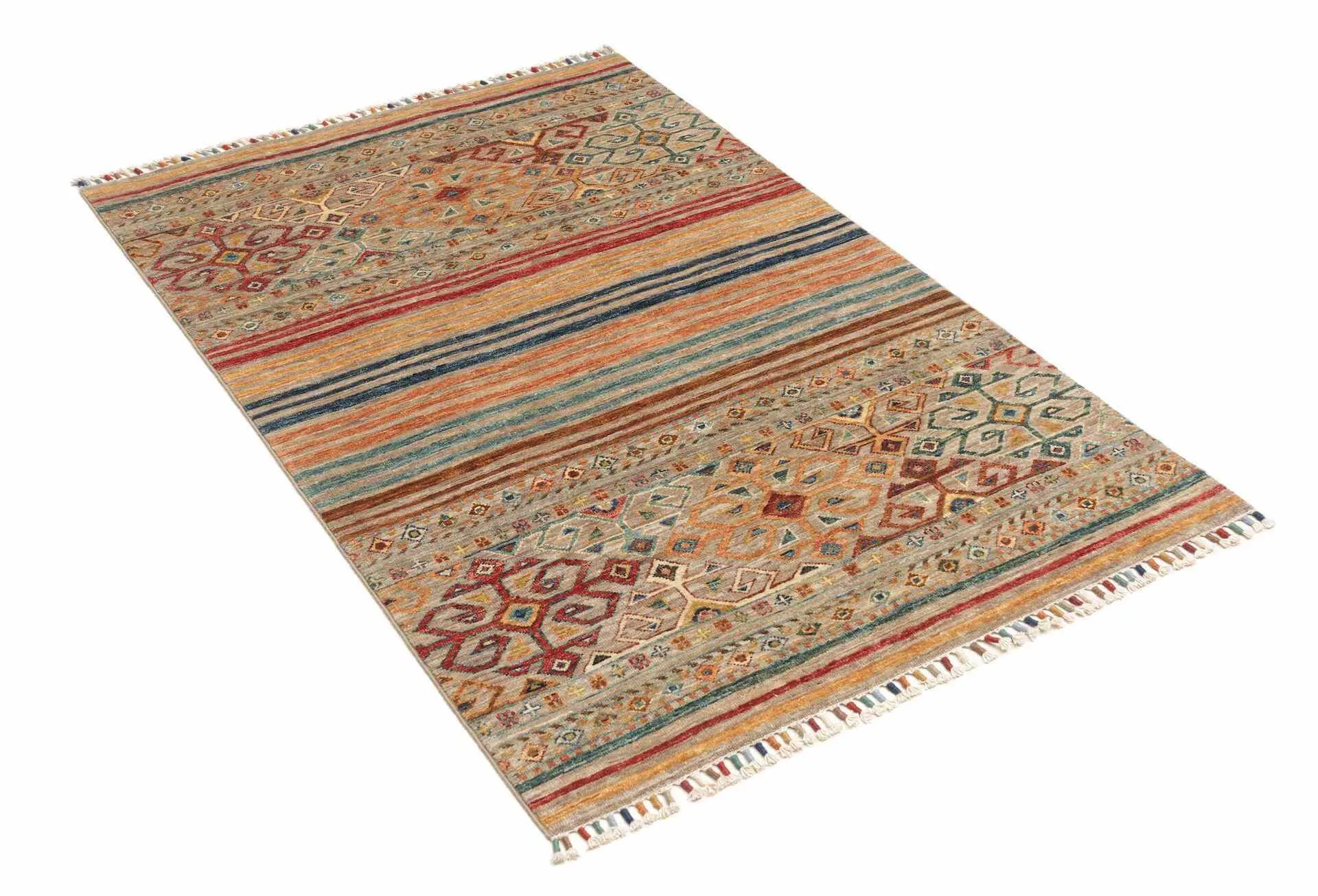 Afghanteppich Rubin Stripes, handgeknüpft aus Schurwolle, 098 x 151 cm, mehrfarbig, Schrägansicht