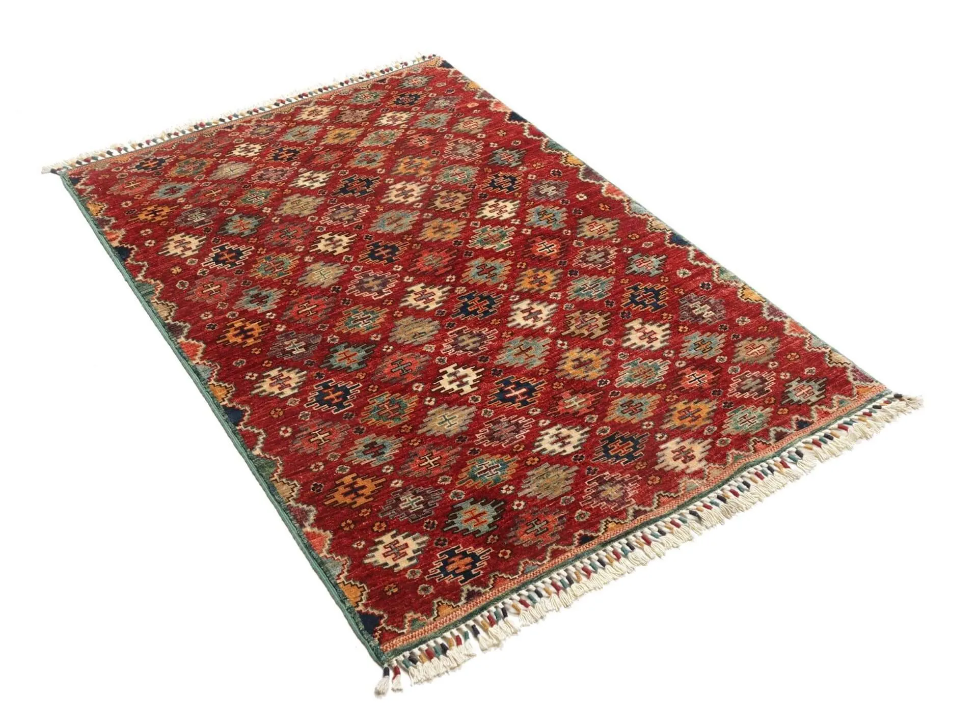 Afghan Teppich Samarkand, handgeknüpft aus Schurwolle, 102 x 149 cm, rot, Schrägansicht