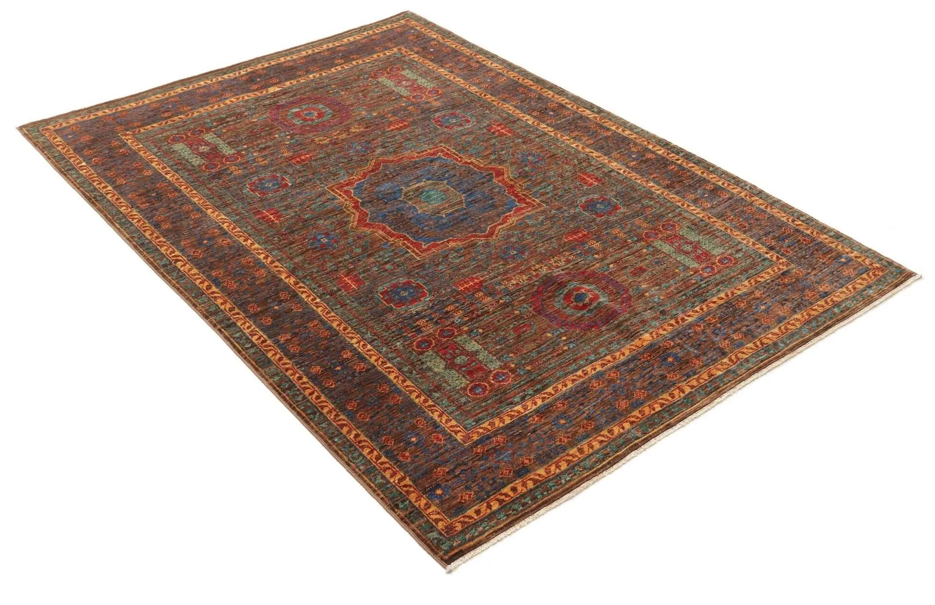 Afghanischer Teppich Mamlouk, handversponnene Schurwolle, braun, mehrfarbig, mit Mittelmedaillon, 124 x 178 cm, Schrägansicht