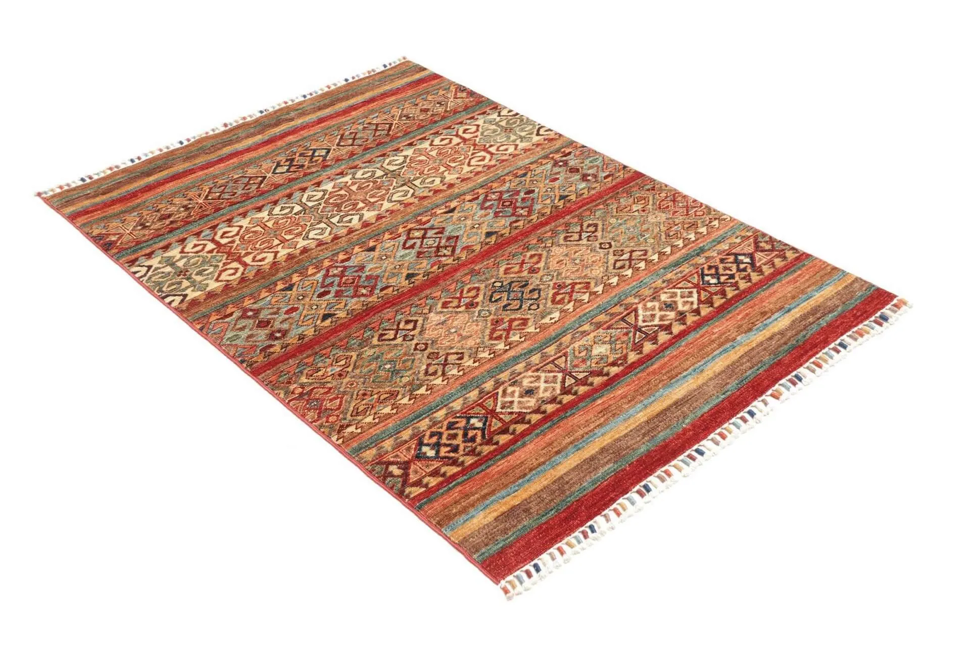 Afghanteppich Samarkand Striped, Schurwolle, handgeknüpft, 102 x 150 cm, mehrfarbig, Schrägansicht