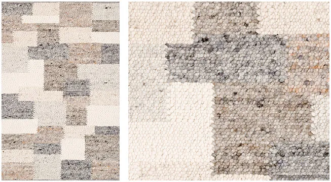 Handwebteppich Black Forest, Mehliskopf, Patchworkoptik beige, gewalkte Schurwolle Draufsicht und Detailansicht