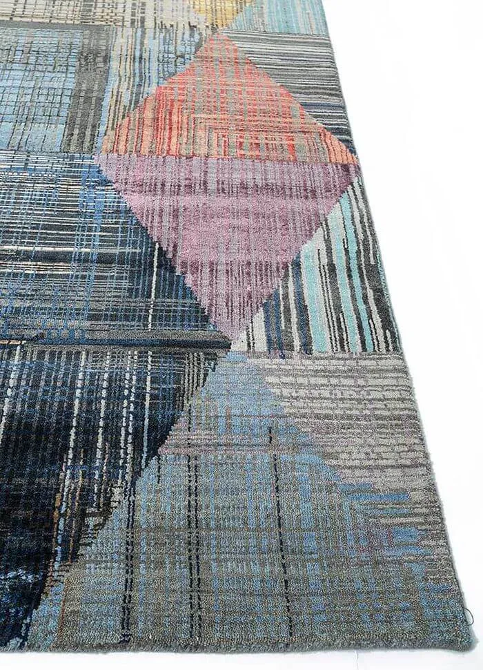 Handgeknüpfter, indischer Designerteppich aus Schurwolle und Bambusseide, mehrfarbig, Detailansicht