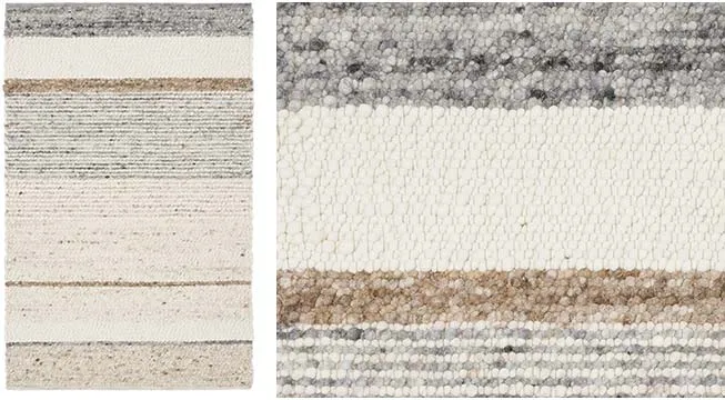 Handwebteppich Black Forest Stripes, gewalkte Schurwolle, Kieselsteinoptik,beige/braun/grau/naturweißes Streifendesign, Draufsicht und Detailansicht