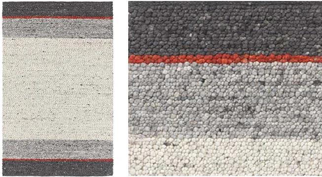 Handwebteppich Black Forest Stripes, gewalkte Schurwolle, Kieselsteinoptik, grau mit rotem Streifen, Draufsicht und Detailansicht