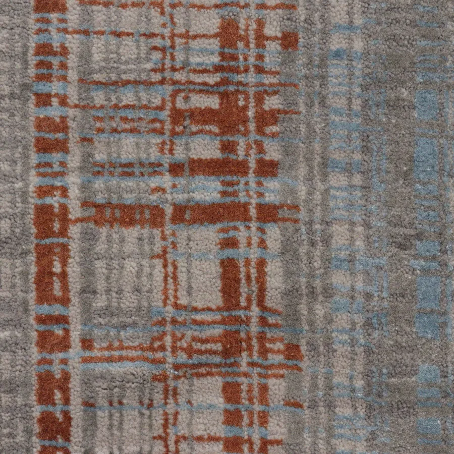 Moderner, indischer Designerteppich, handgeknüpft aus Schurwolle und Viskoseseide, flachflorig, mehrfarbig, Detailansicht