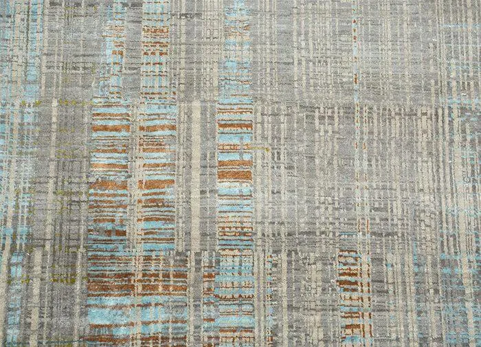 Moderner, indischer Designerteppich, handgeknüpft aus Schurwolle und Viskoseseide, flachflorig, mehrfarbig, Detailansicht