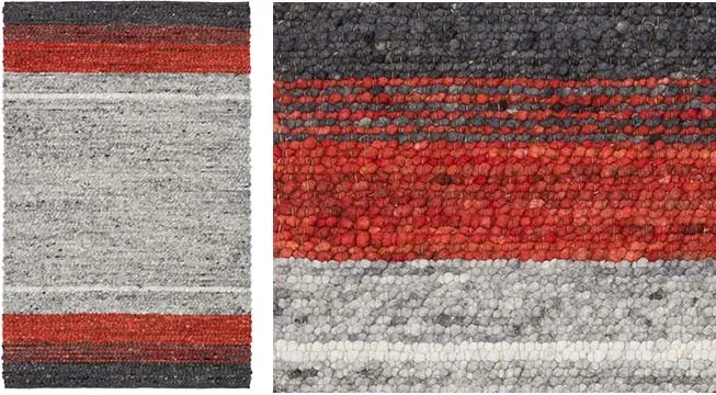 Handwebteppich Black Forest Stripes, gewalkte Schurwolle, Kieselsteinoptik, grau mit roten Streifen, Draufsicht und Detailansicht