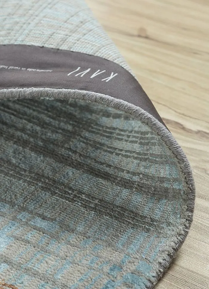 Moderner, indischer Designerteppich, handgeknüpft aus Schurwolle und Viskoseseide, flachflorig, mehrfarbig, Rückseite