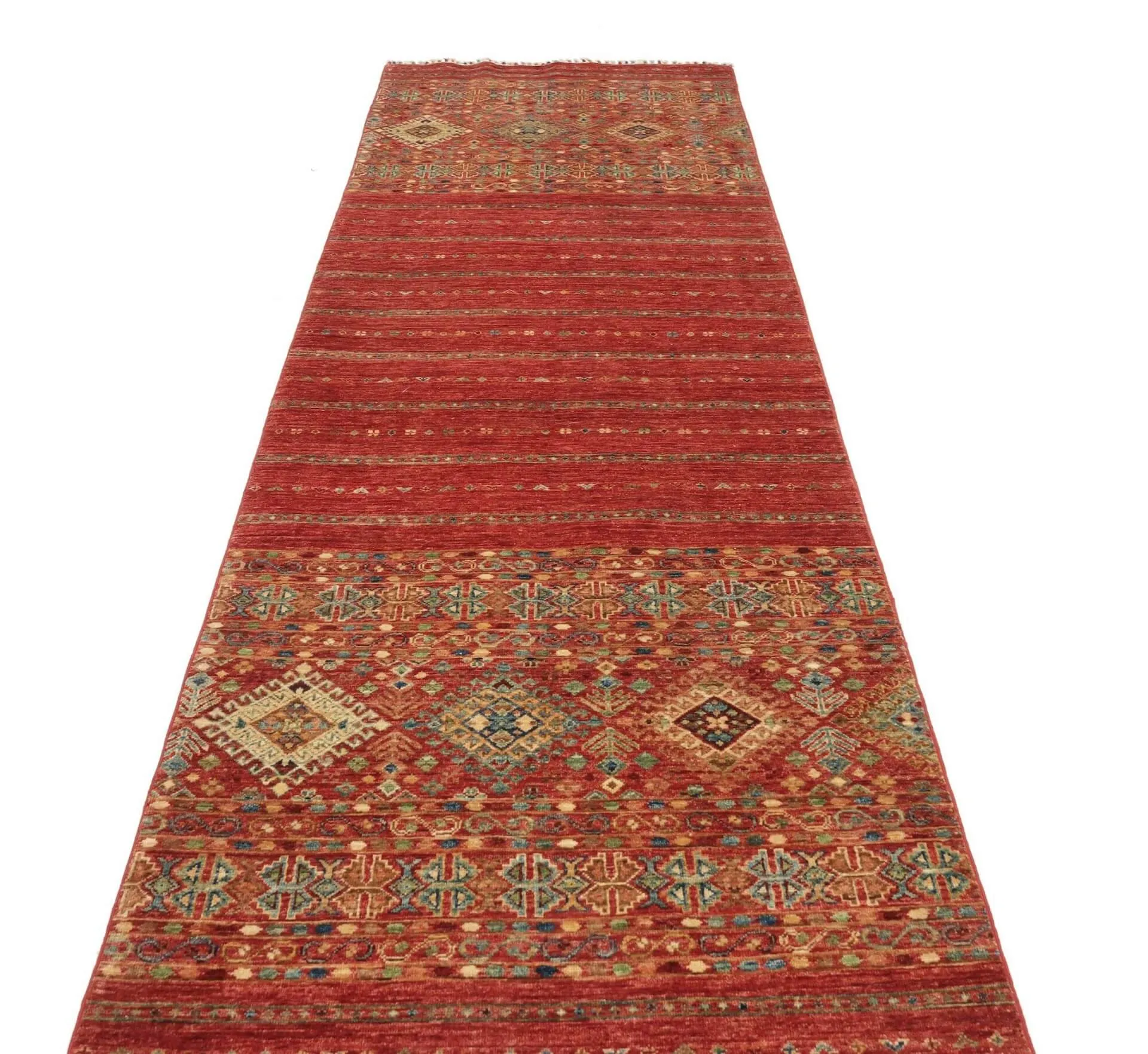 Afghanteppich Rubin Runner Red, Schurwolle, handgeknüpft, 094 x 296 cm, rot, Draufsicht