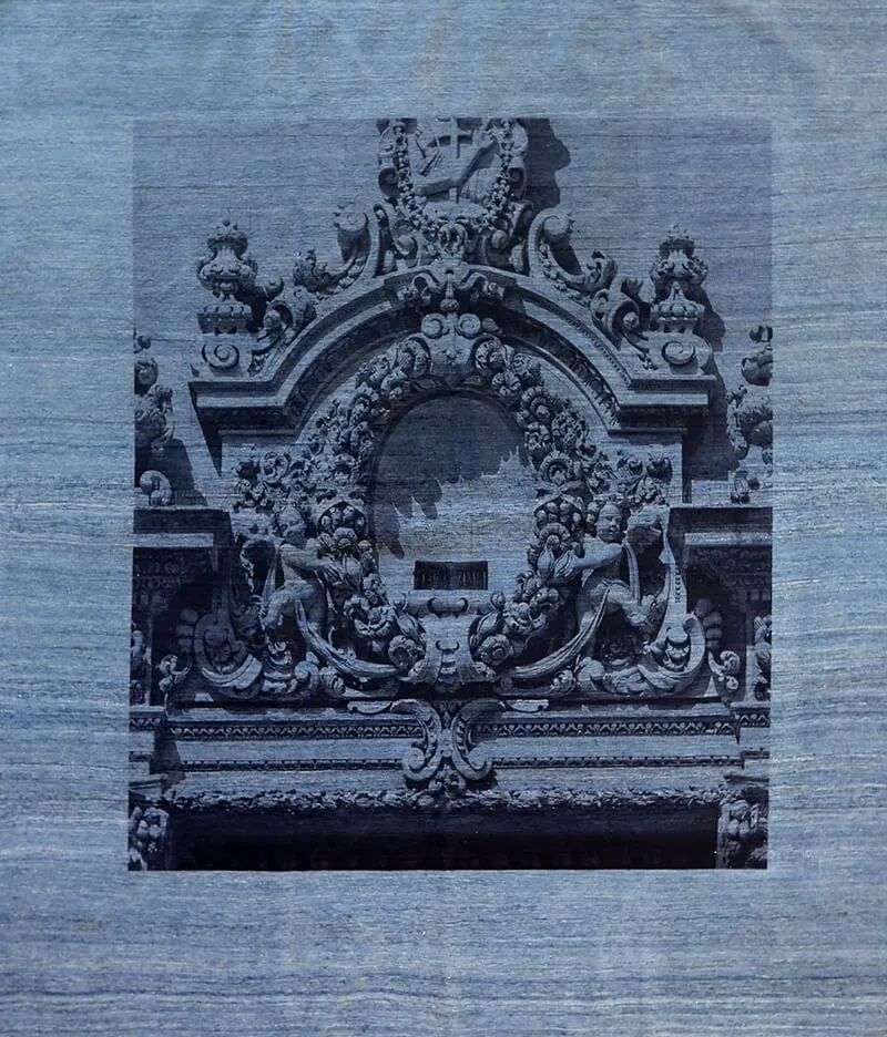 Kelim Trompe I 'Oeil, Trevi, handgewebt, bedruckt mit Trevi-Motiv, blau, Ansicht 