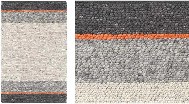 Handwebteppich Black Forest Stripes, gewalkte Schurwolle, Kieselsteinoptik, grau mit orangefarbenen Streifen, Draufsicht und Detailansicht