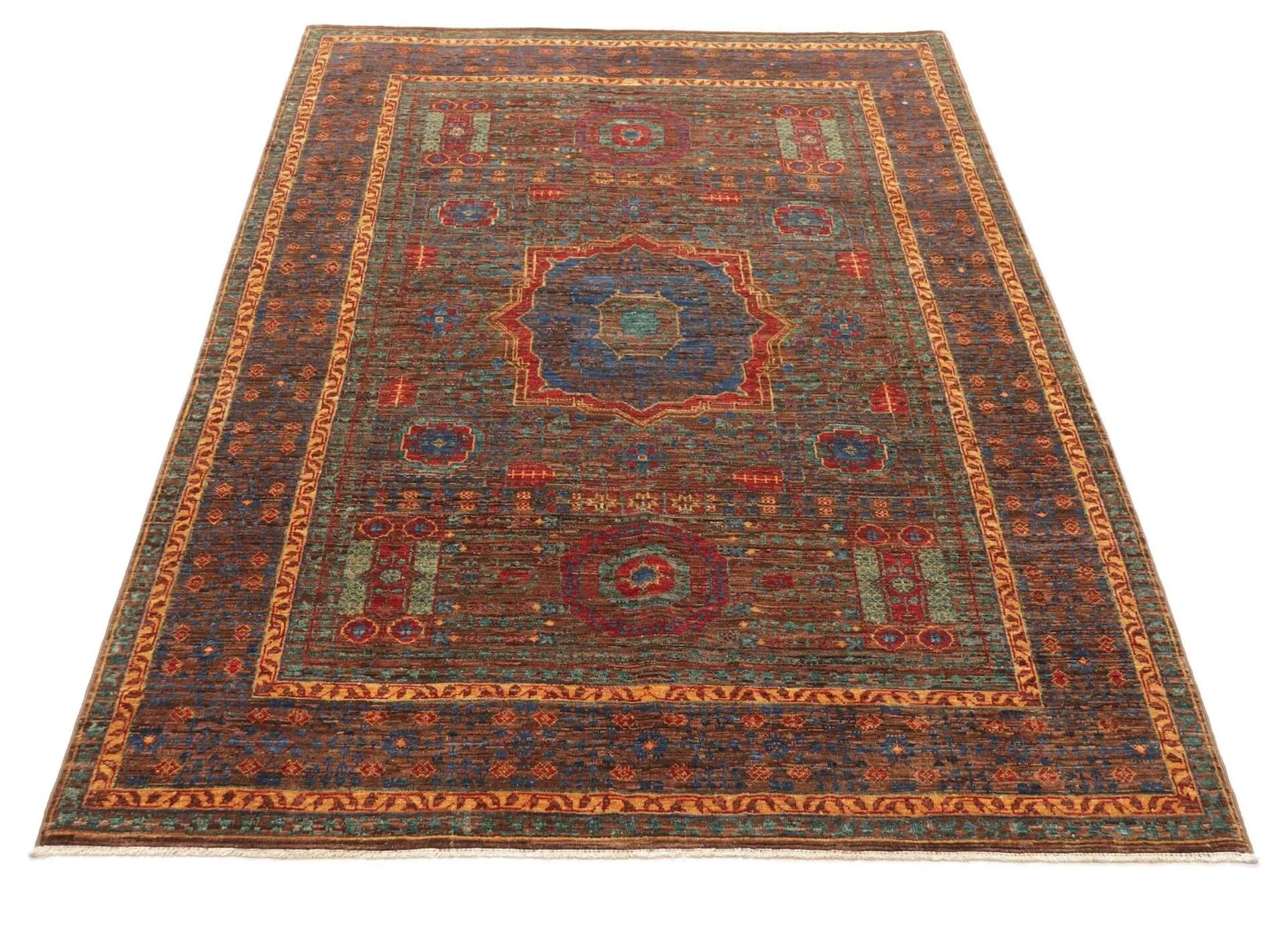 Afghanischer Teppich Mamlouk, handversponnene Schurwolle, braun, mehrfarbig, mit Mittelmedaillon, 124 x 178 cm, Komplettansicht