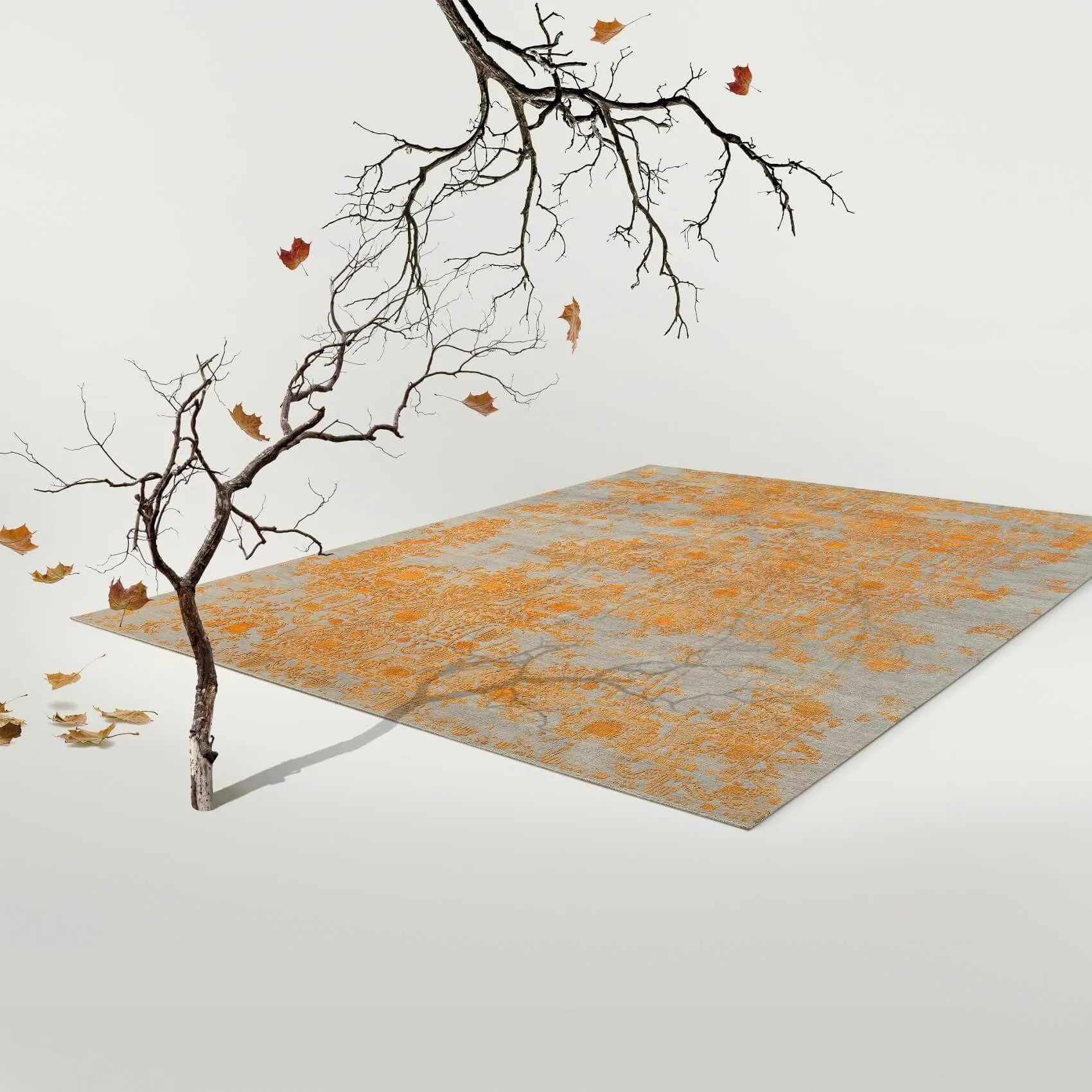 Designerteppich Inspirations T3 grey & orange, handgeknüpft aus Wolle und Seide, mit Reliefschnitt