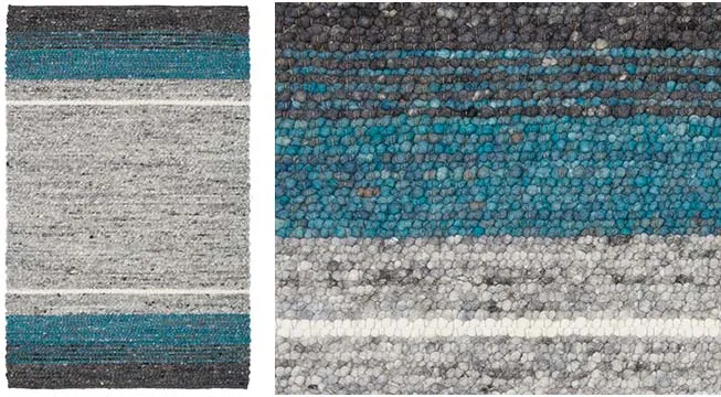 Handwebteppich Black Forest Stripes, gewalkte Schurwolle, Kieselsteinoptik, grau/blau/weißes Streifendesign, Draufsicht und Detailansicht