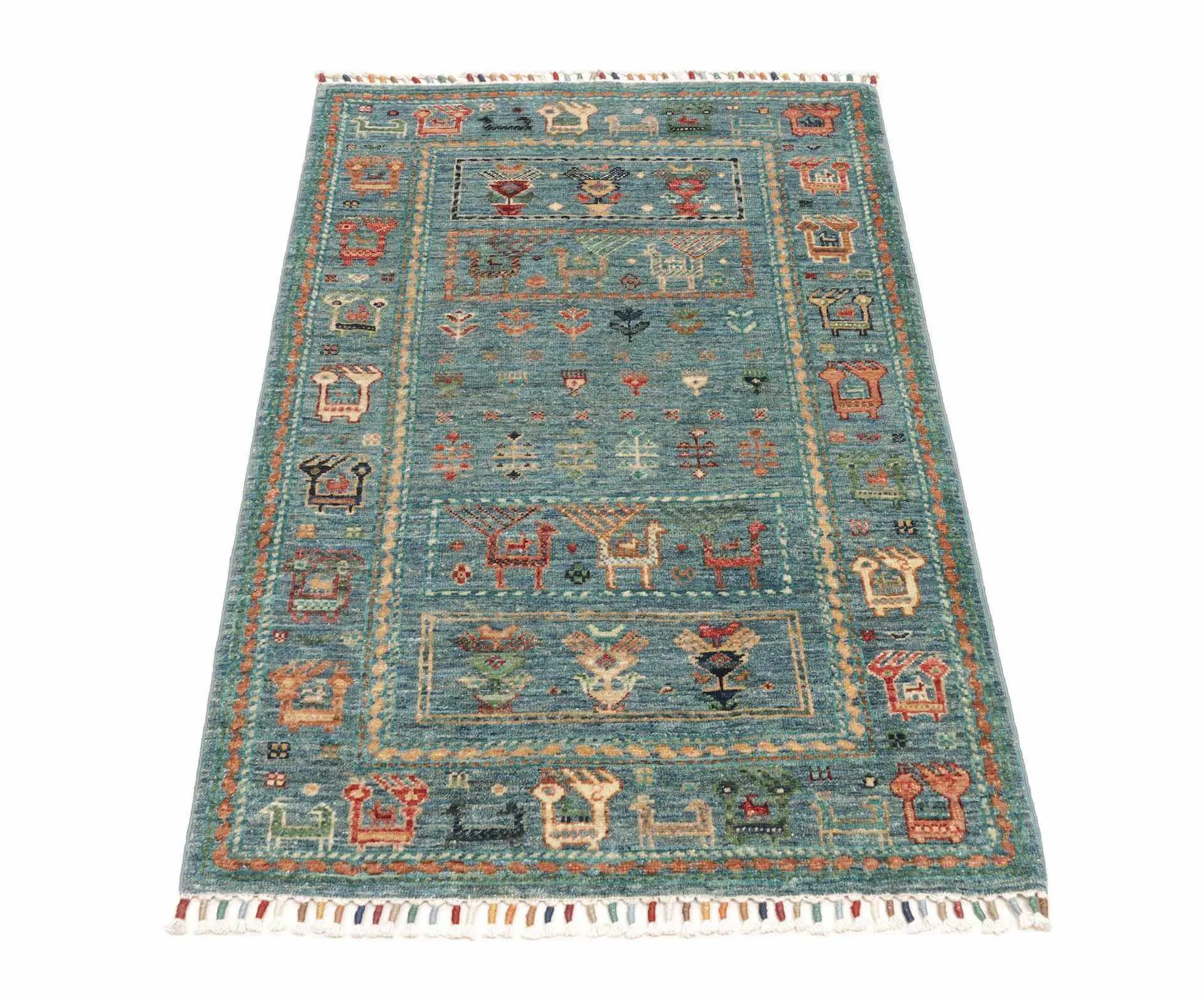 Afghanteppich Rubin Türkis, handgeknüpfter Wollteppich, mehrfarbig, 077 x 122 cm, Frontalansicht