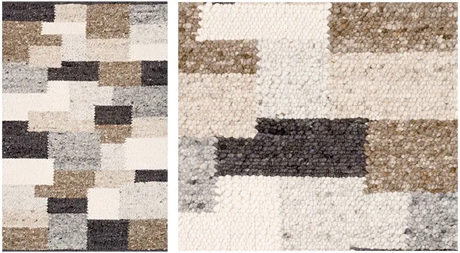 Handwebteppich Black Forest, Mehliskopf, Patchworkoptik braun, gewalkte Schurwolle Draufsicht und Detailansicht