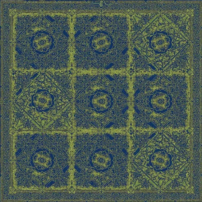 Moderner, persischer Designerteppich handgeknüpft aus Schurwolle und Seide, quadratisch, in verschiedenen grün- und blau-Tönen gefertigt, Draufsichtnd