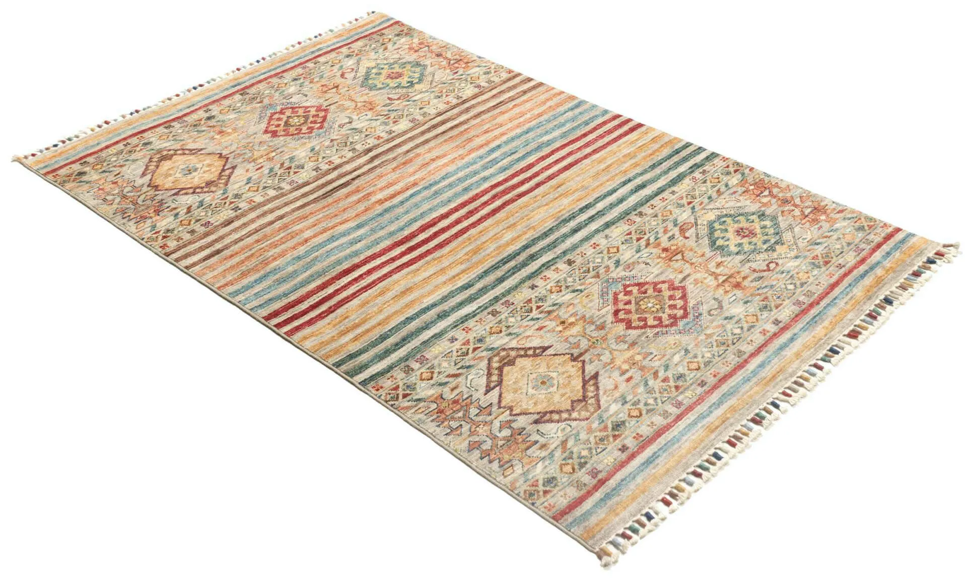 Afghanteppich Rubin Multi, handgeknüpftes Unikat, 098 x 156cm, mehrfarbig, Schrägansicht