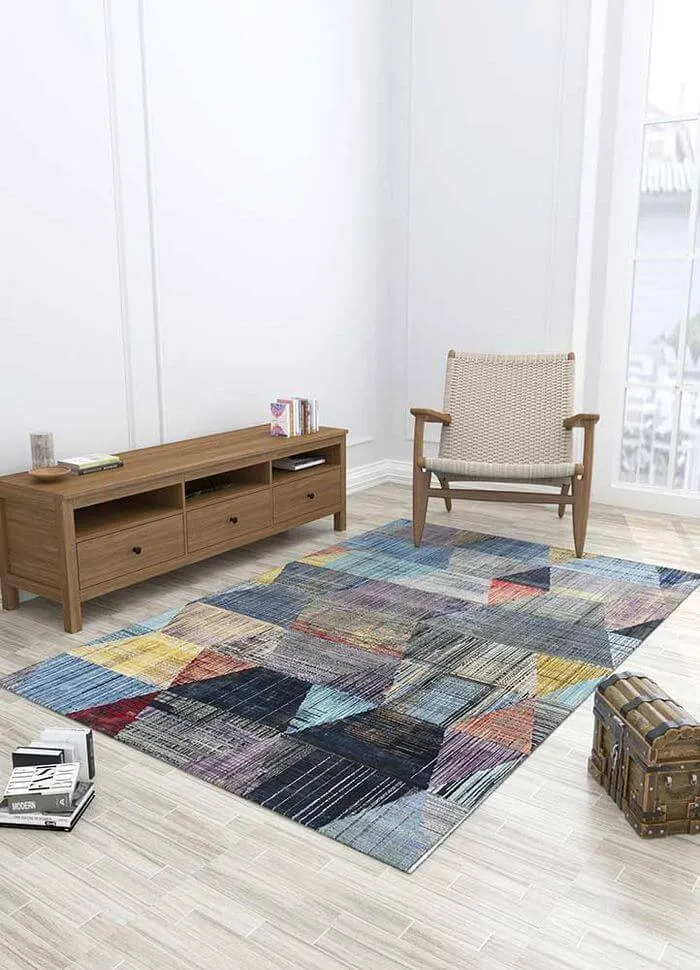 Handgeknüpfter, indischer Designerteppich aus Schurwolle und Bambusseide, mehrfarbig, Interieurbild