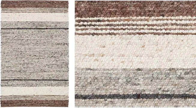 Handwebteppich Black Forest Stripes, gewalkte Schurwolle, Kieselsteinoptik, braun / beige Streifen, Draufsicht und Detailansicht