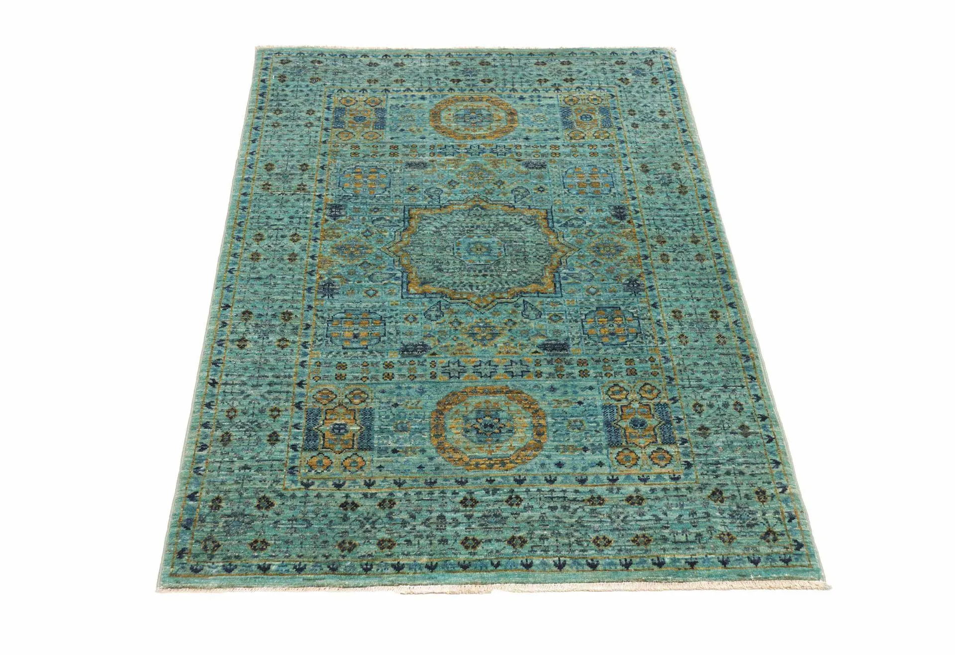 Afghan-Teppich Mamlouk, turquoise, handgeknüpft, Schurwolle, 080 x 124 cm, Komplettansicht