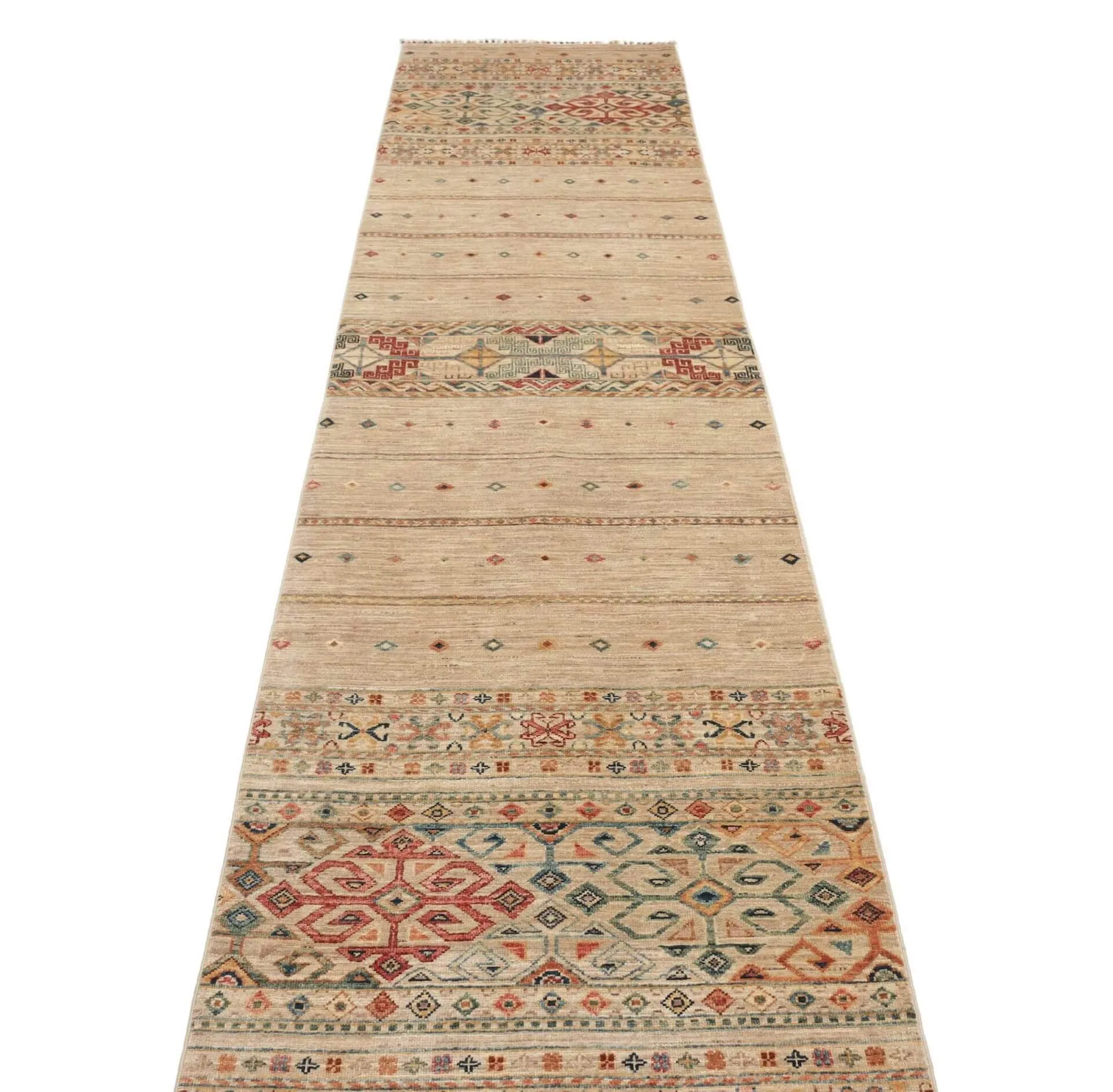 Afghanischer Läufer Rubin Natural, handgeknüpft, Schurwolle, 078 x 341 cm, mehrfarbig, Draufsicht