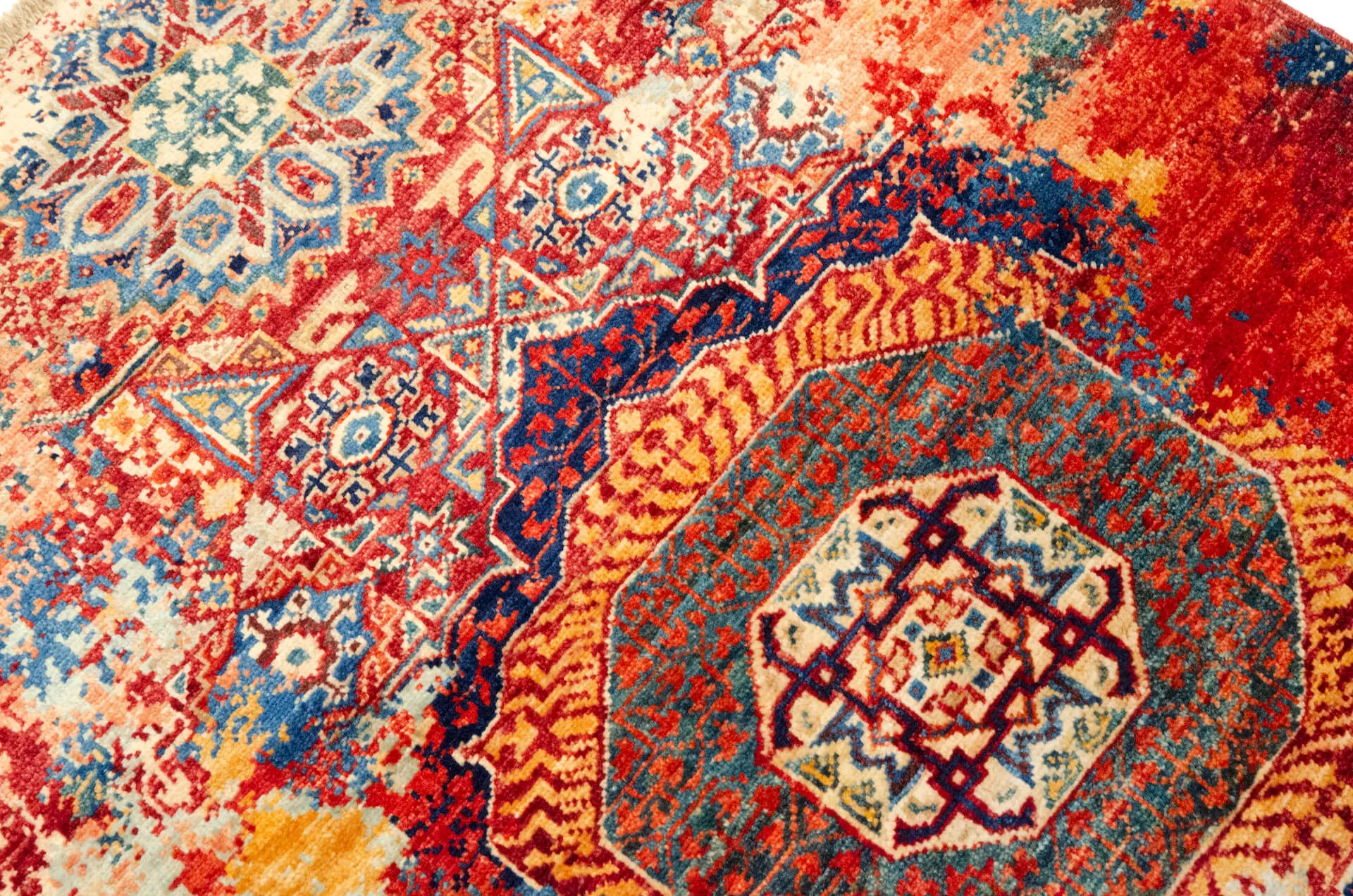 Afghan Teppich Glow small, handgeknüpfte Brücke, Schurwolle, 080 x 124 cm, Detailansicht