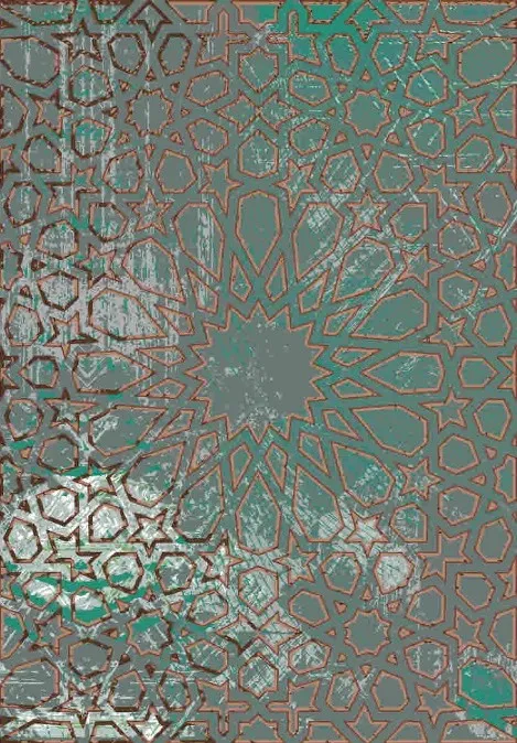 Hochwertiger, persischer Designerteppich, handgeknüpft aus Schurwolle und Seide, türkis/grau/braun/mehrfarbig, Draufsicht